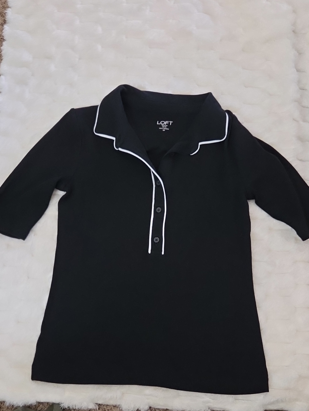 LOFT Black Polo Knit Top with White Piping